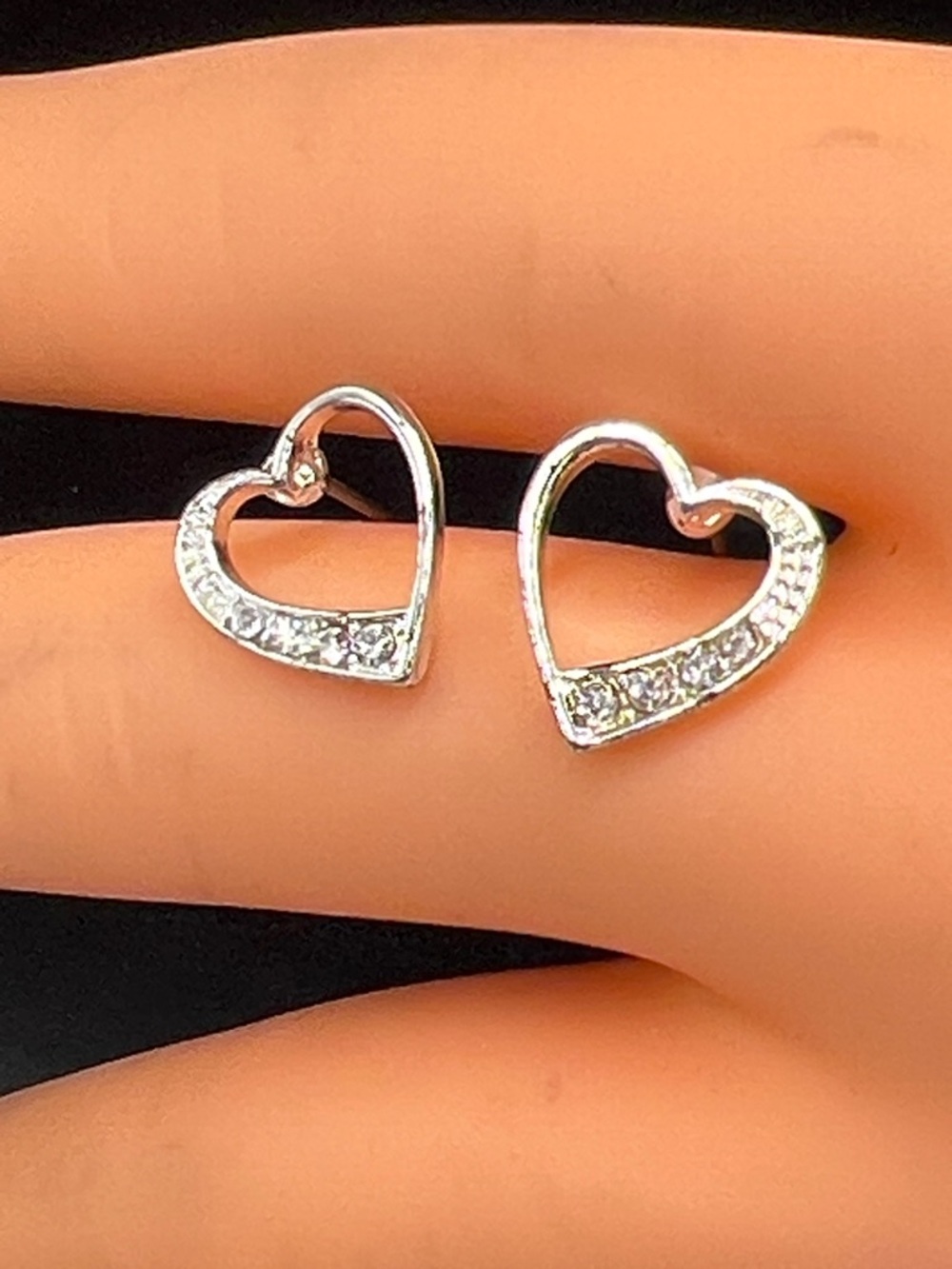 Avon Silver-Tone Open Heart Stud Earrings with Clear Stones